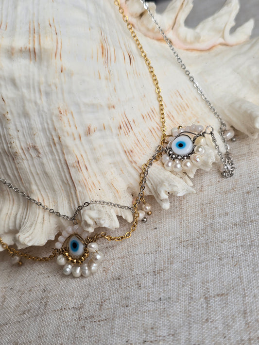 collier en acier inoxydable , ave le symbole de l'oeil de nazar , couleur doré ou argenté pour femme