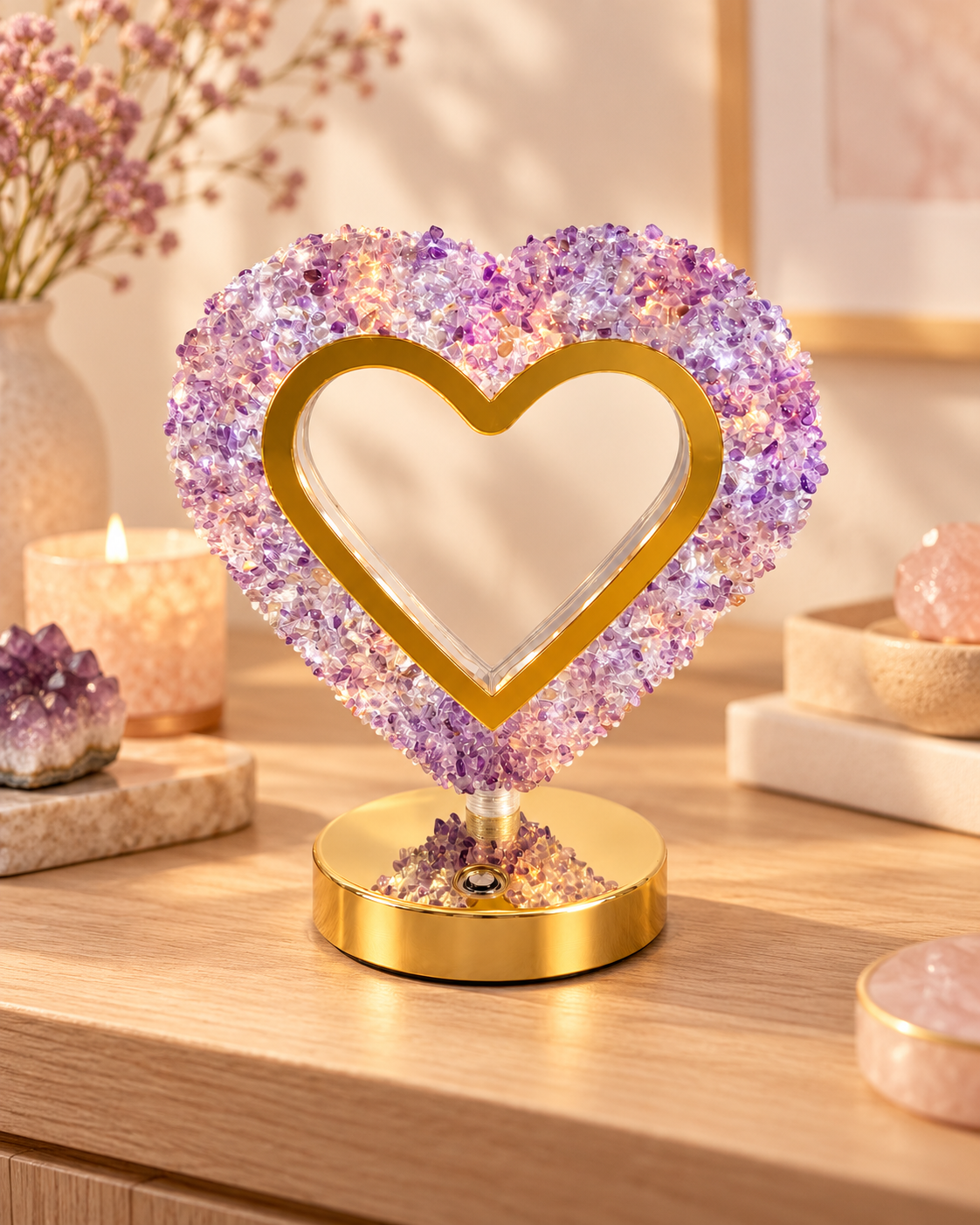 💜 Lampe Cœur en Améthyste Naturelle – 21 × 17 cm