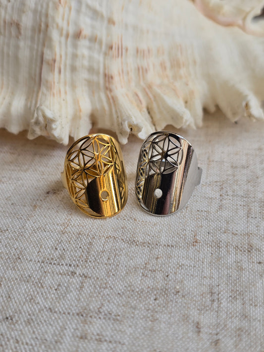 Bague yin yang fleur de vie acier inoxydable