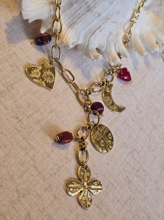 Collier cascade – Jaspe Rouge & Breloques – Acier inoxydable