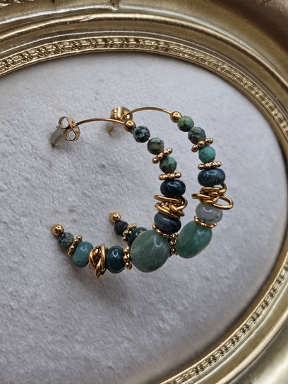 🌿 Boucles d'oreilles Créoles Naïa – Aventurine & Turquoise Africaine
