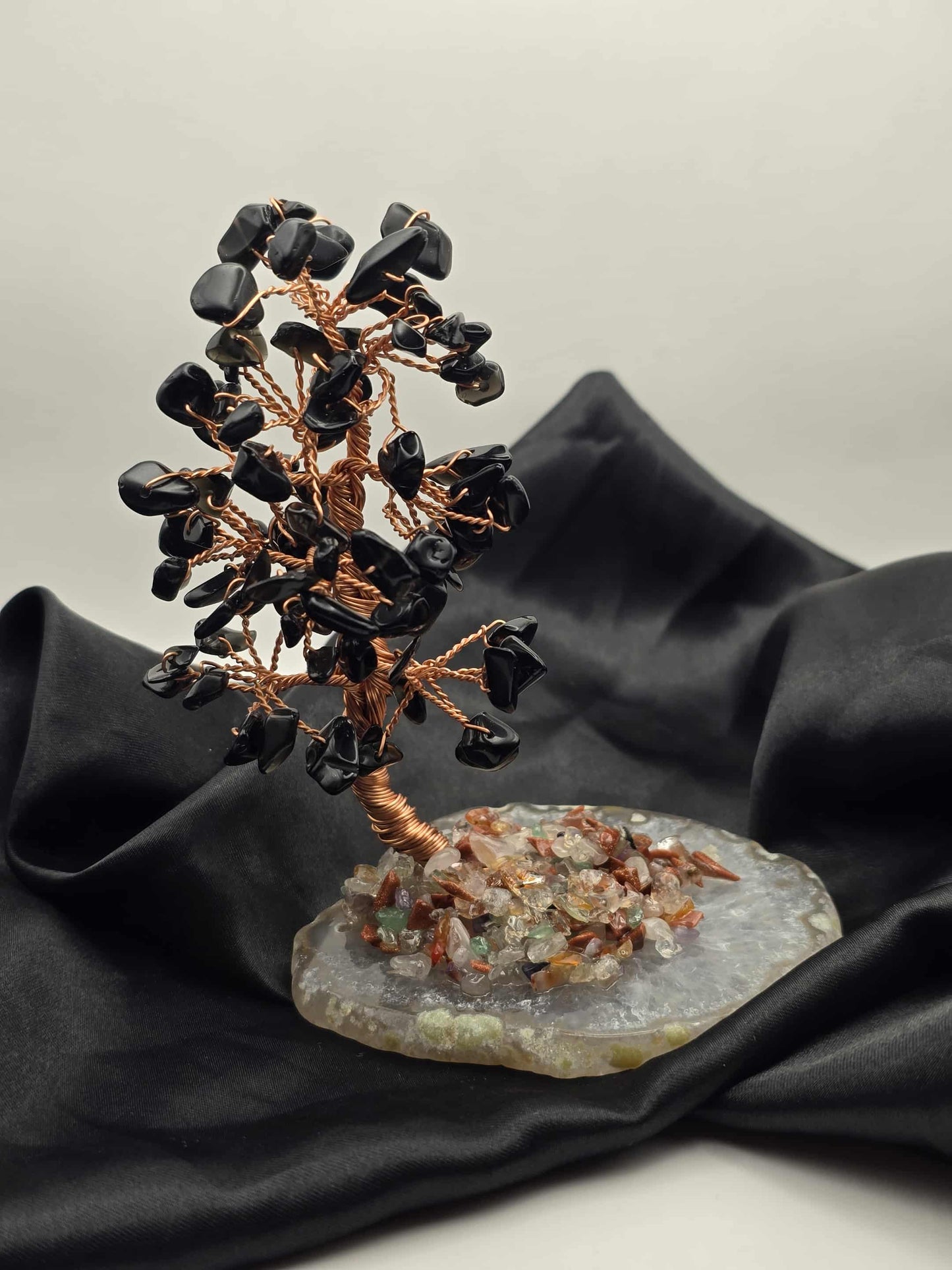Arbre du Bonheur d'Obsidienne Noir Sur Socle D'Agate