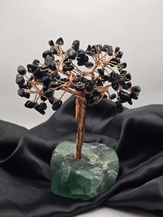 Arbre du Bonheur d'Obsidienne Noir Sur Druse De Fluorite