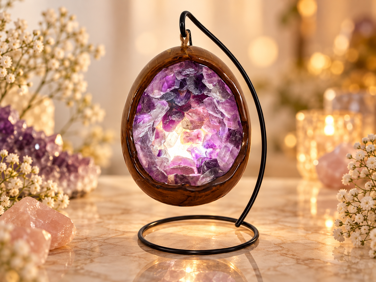 ✨ Lampe Œuf en Fluorine Naturelle – Violette ou Multicolore