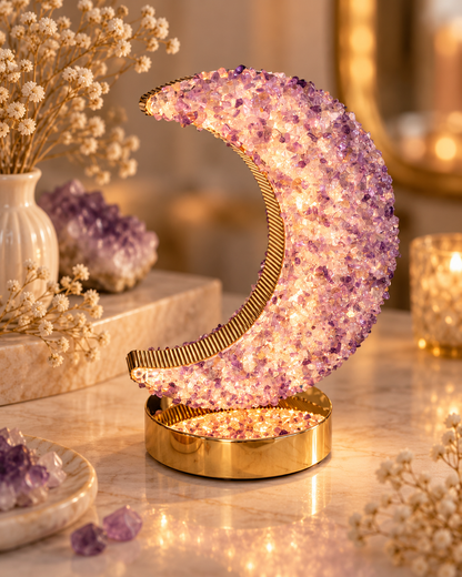 🌙 Lampe Lune en Améthyste Naturelle – LED Rechargeable 21x14cm