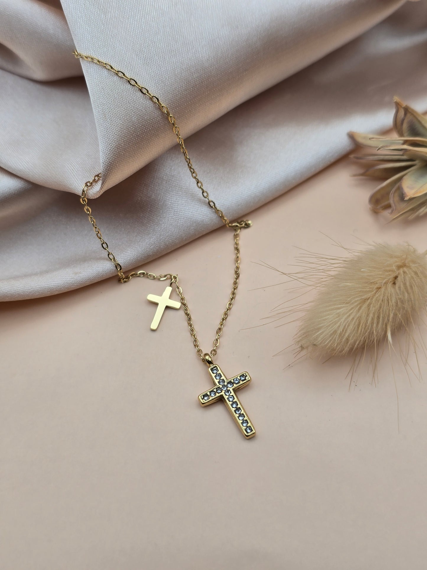 Collier double croix strass