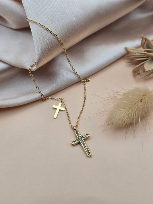 Collier double croix strass