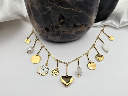 Collier “Charms Bohème” – Doré & Pierres naturelles