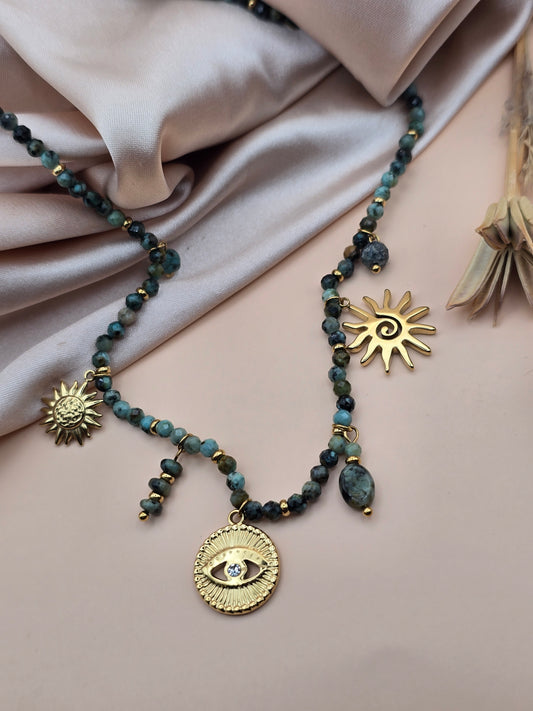 Collier Turquoise Africaine – Soleil & Œil Protecteur