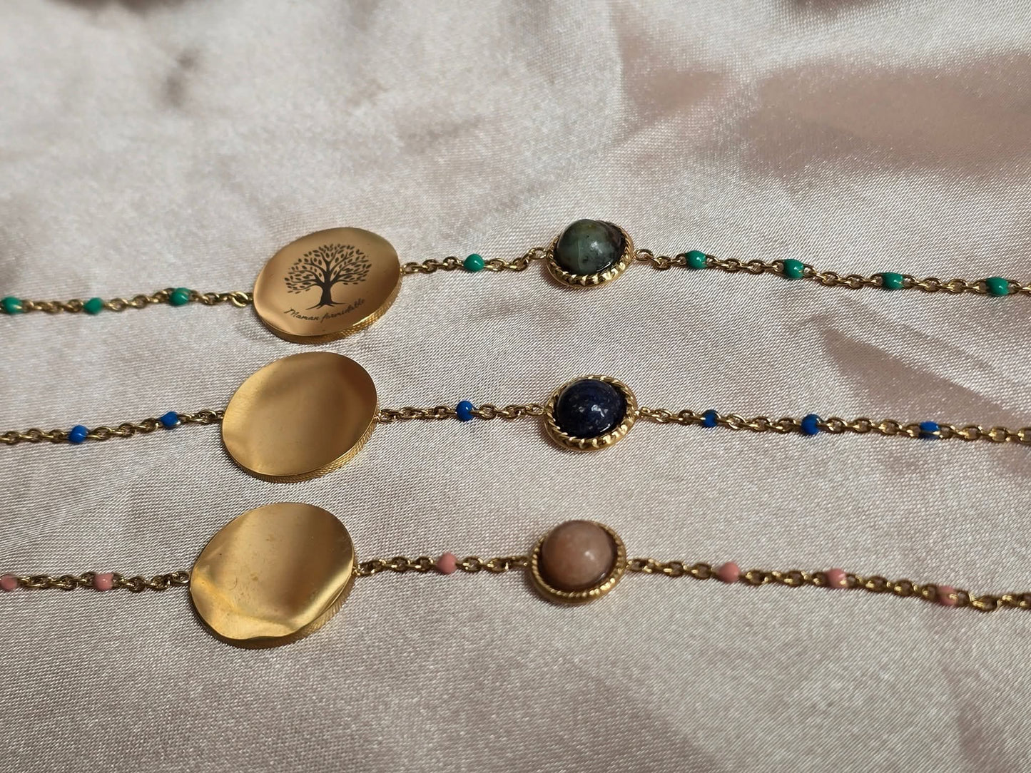 Bracelet gravé en acier inoxydable – Pierre de Soleil / Lapis Lazuli / Turquoise Africaine
