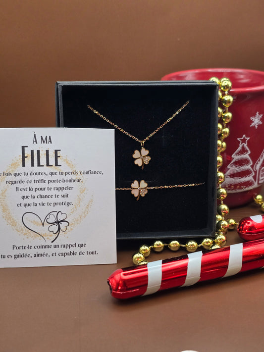 🌟 Collier Trèfle blanc Porte-Bonheur – Message Personnalisé
