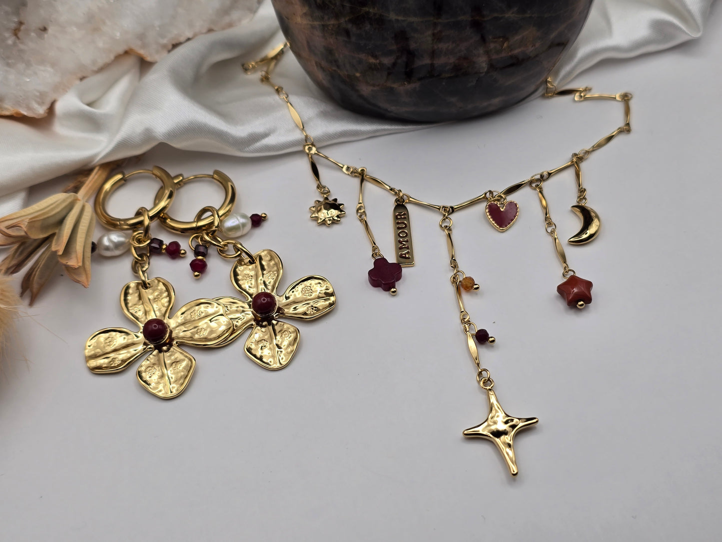 Collier Étoile & Jaspe Rouge – Acier inoxydable