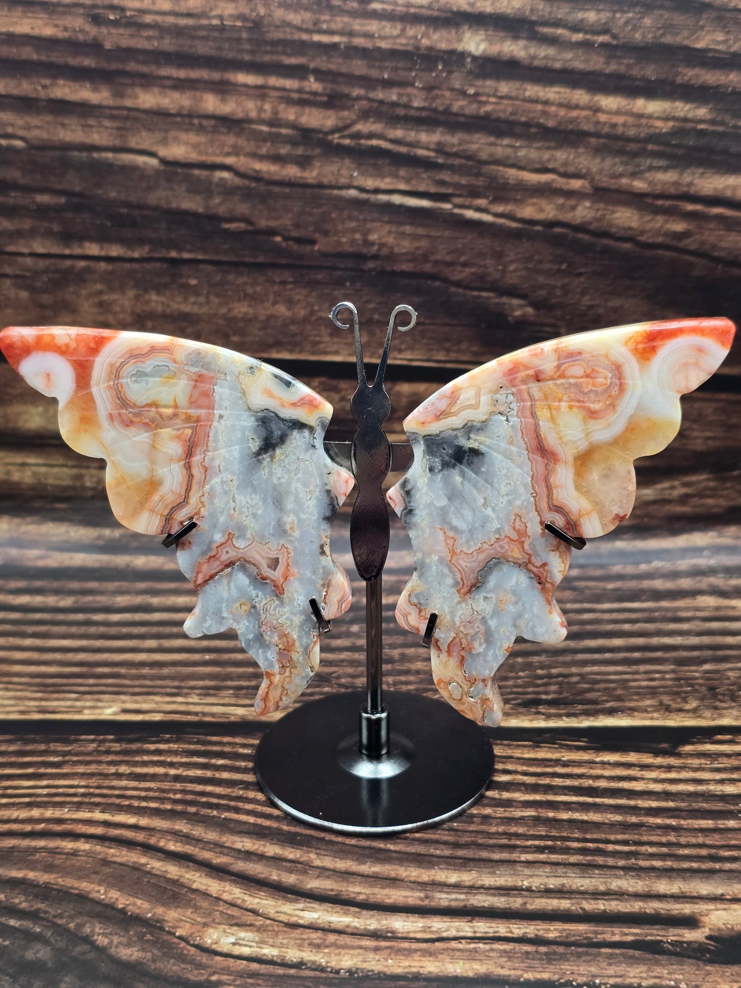 Papillon en Agate Crazy Lace sur Socle 110 à 130 mm – Joie & Vitalité, Grade AA