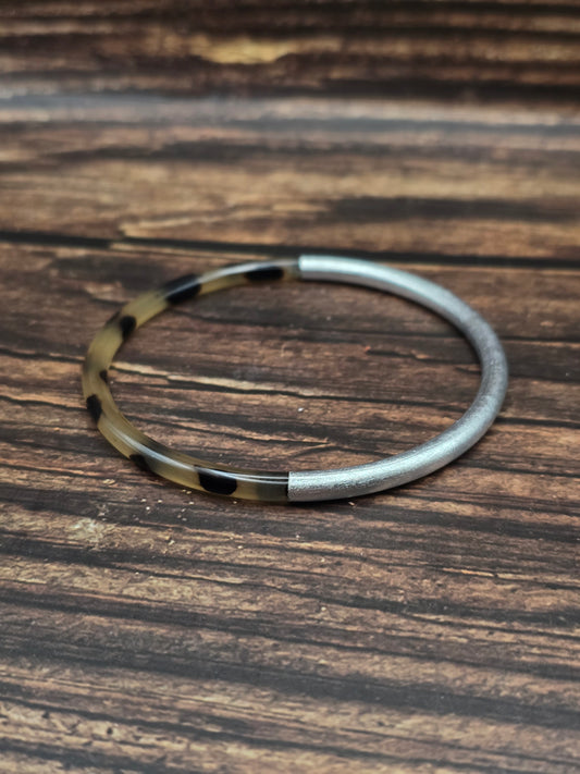 Bracelet fin en corne de buffle véritable – Léopard & feuille d’or ou d'argent