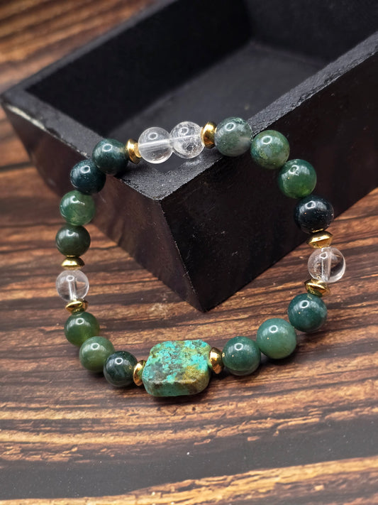✨ Bracelet – Turquoise africaine, Agate mousse & Cristal de roche ✨