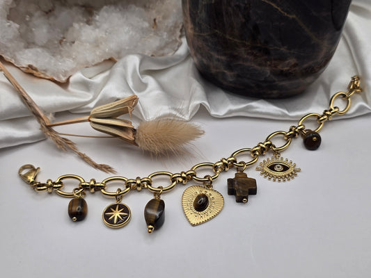 Bracelet “Protection Dorée” – Œil de Tigre & Talismans