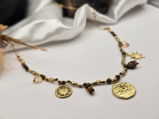Collier “Soleil Protecteur” – Œil de Tigre & Doré