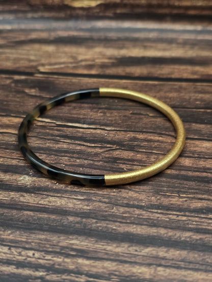 Bracelet fin en corne de buffle véritable – Léopard & feuille d’or ou d'argent