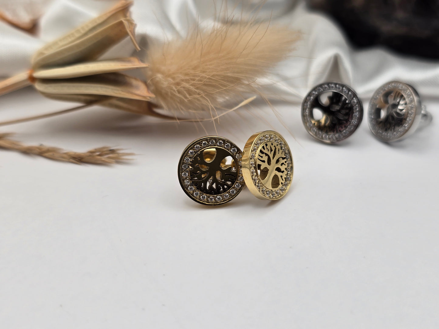 Boucles d’oreilles “Arbre de Vie Étincelant” – Doré ou Argenté