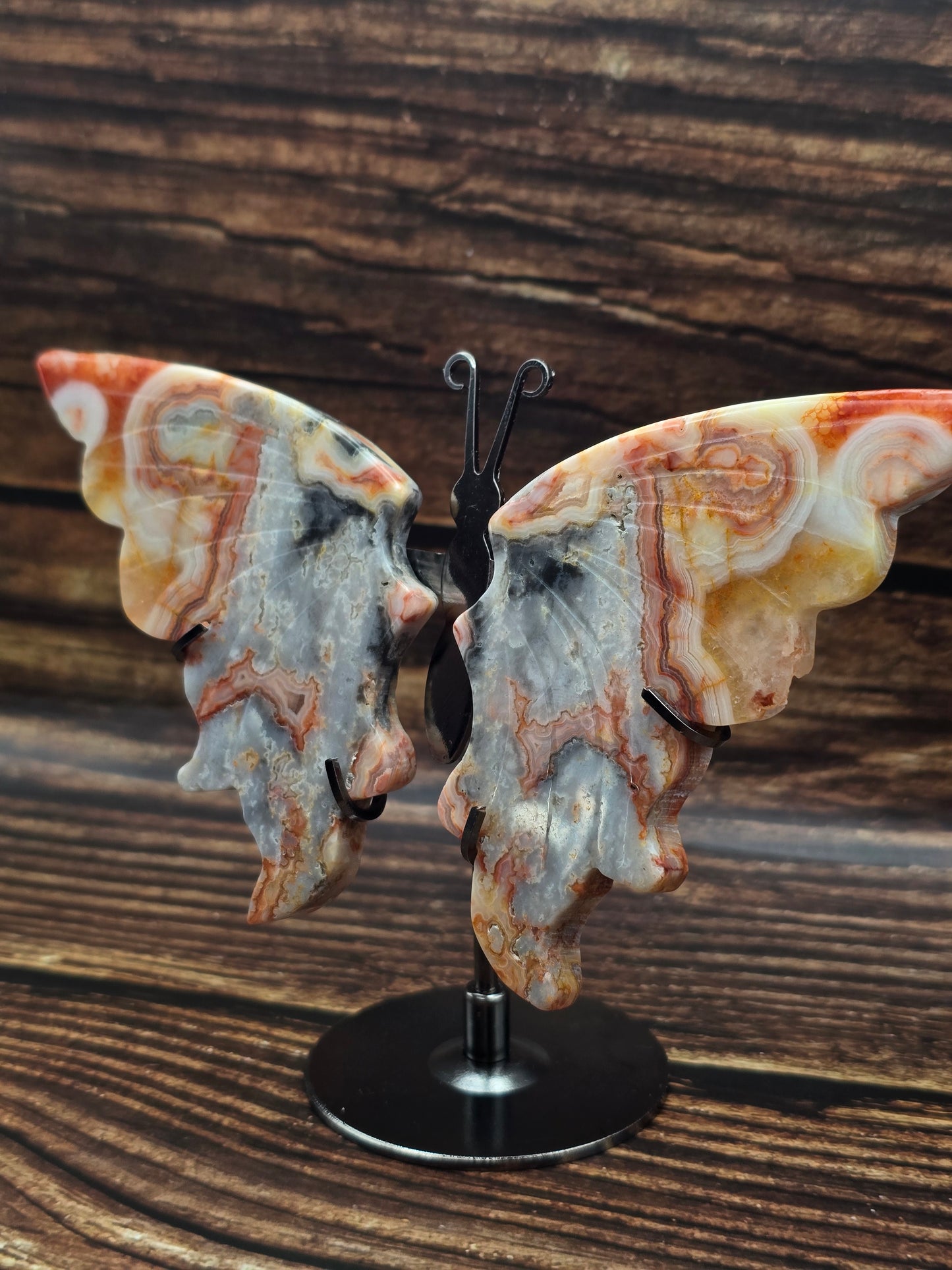 Papillon en Agate Crazy Lace sur Socle 110 à 130 mm – Joie & Vitalité, Grade AA